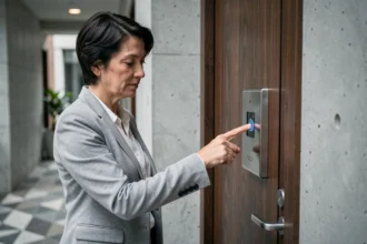Femme utilisant un lecteur d'empreintes digitales connecté sur une porte d'entrée moderne en bois sombre