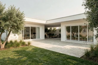 Maison de plain-pied en L vue de l'extérieur avec jardin intérieur et architecture moderne