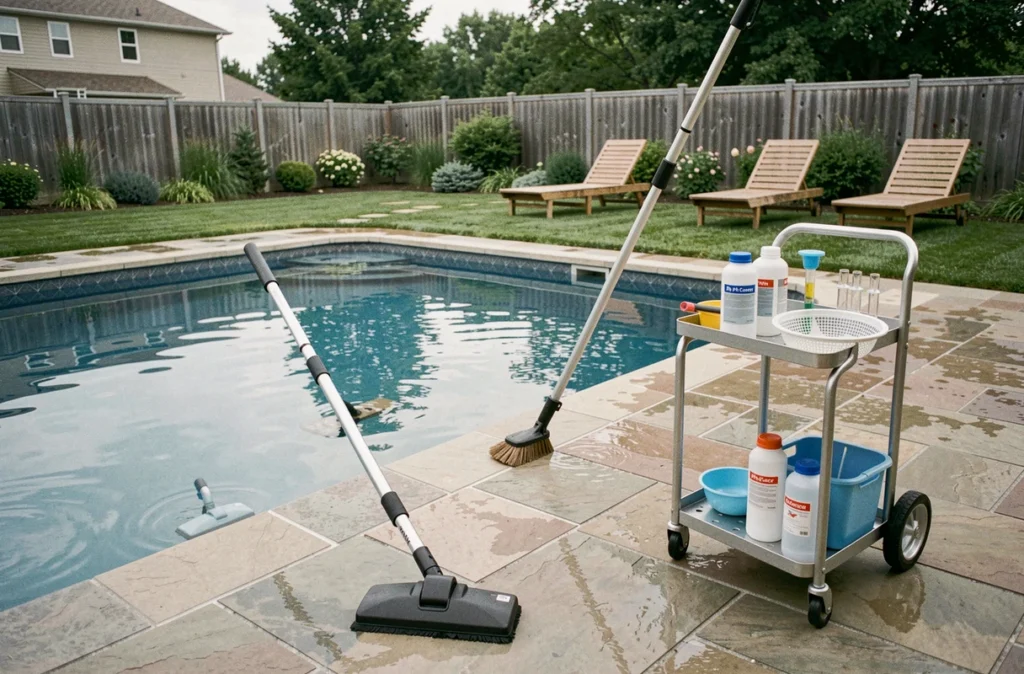 Matériel d'entretien de piscine privée disposé au bord du bassin, incluant brosse, aspirateur et produits chimiques