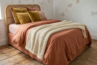 Chambre cosy avec superposition de textiles : plaid en laine chunky crème, housse de couette en lin terracotta et coussins velours sur tête de lit en rotin