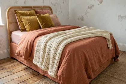 Chambre cosy avec superposition de textiles : plaid en laine chunky crème, housse de couette en lin terracotta et coussins velours sur tête de lit en rotin