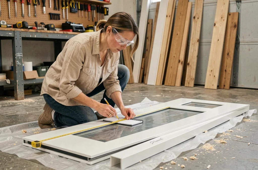 Professionnelle mesurant une nouvelle porte d'entrée dans un atelier avant son installation