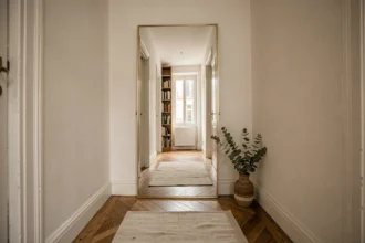 Grand miroir rectangulaire à cadre en laiton dans un couloir étroit d'appartement parisien agrandissant visuellement l'espace