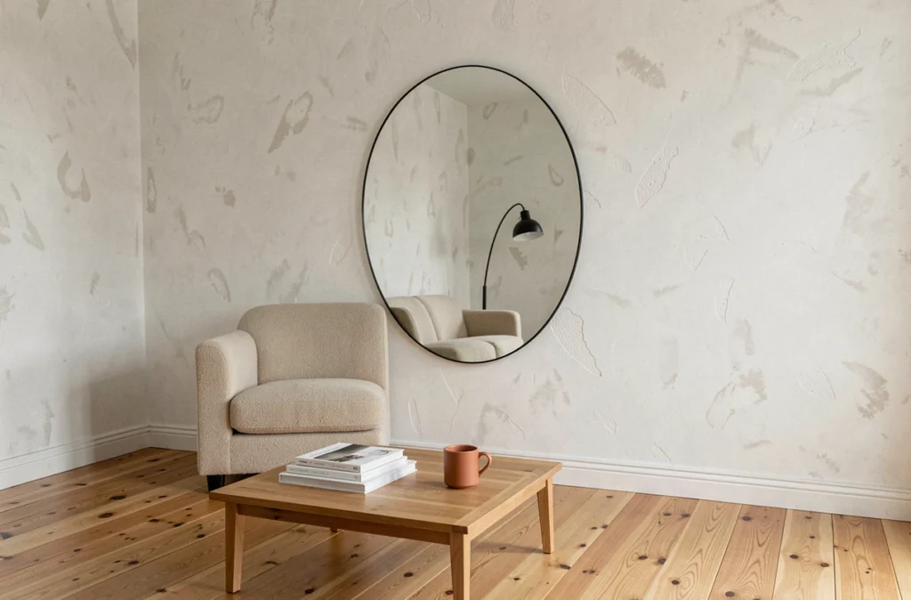 Miroir rond à cadre en métal noir dans un salon scandinave de petite superficie créant un effet d'agrandissement visuel