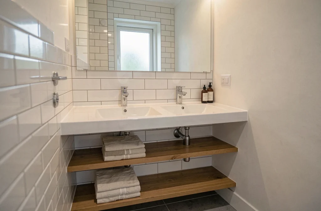 Grand miroir sans cadre au-dessus d'un lavabo double dans une petite salle de bain moderne pour agrandir l'espace