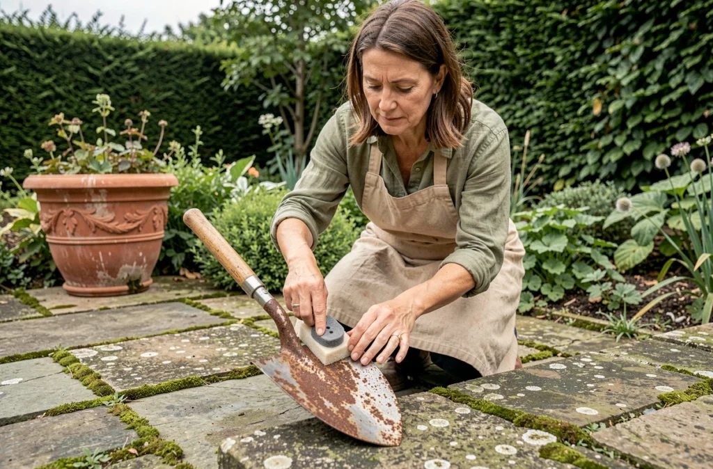 Femme retirant la rouille d'une bêche de jardin avec de la laine d'acier sur une terrasse en pierre