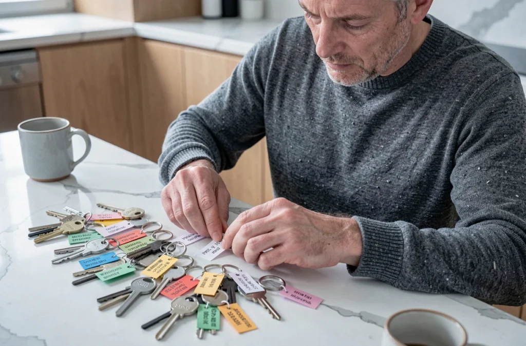 Homme organisant et étiquetant plusieurs trousseaux de clés sur une table de cuisine moderne