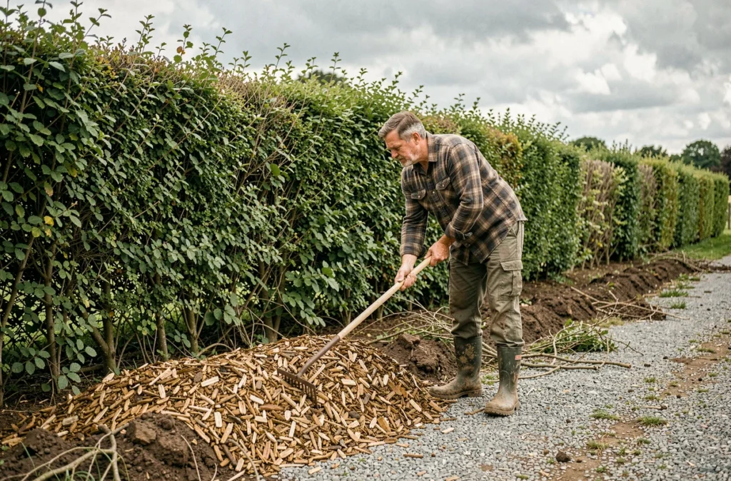 Paillage de copeaux de bois au pied d'une haie pour limiter la pousse des mauvaises herbes