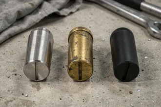 Trois pênes de serrure en matériaux différents — acier inoxydable, laiton et alliage de zinc — posés sur béton brut dans un atelier de serrurier