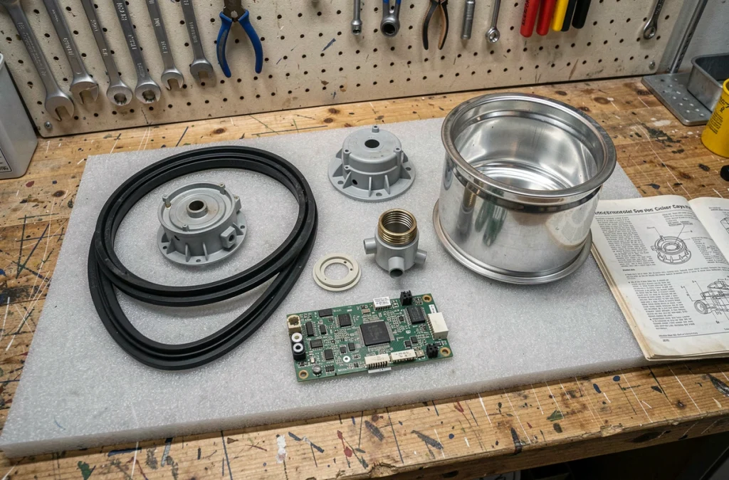 Pièces détachées de lave-linge disposées sur un établi d'atelier de réparation électroménager
