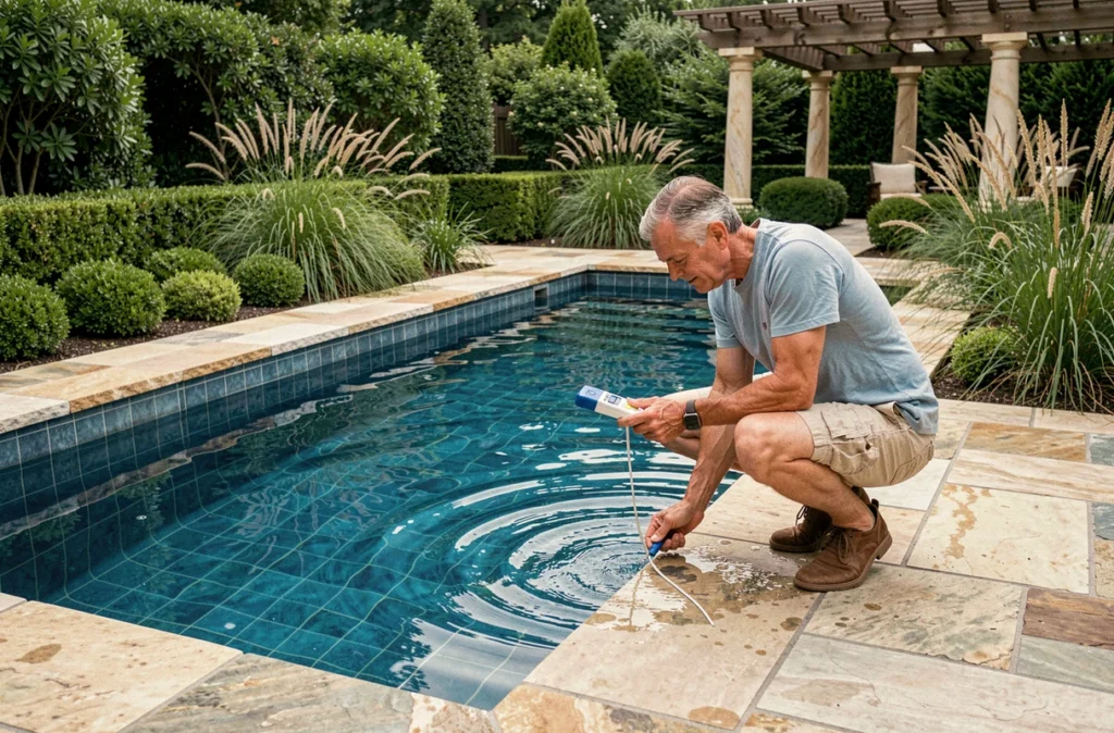 Piscine enterrée rectangulaire avec margelles en pierre naturelle dans un jardin paysagé, homme testant la qualité de l'eau