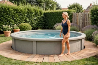 Piscine hors-sol ronde avec tour en bois composite installée dans un jardin résidentiel français, femme en maillot admirant l'eau