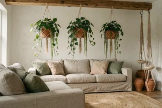 Salon moderne avec plantes suspendues en macramé au-dessus d'un canapé en lin, ambiance naturelle et chaleureuse