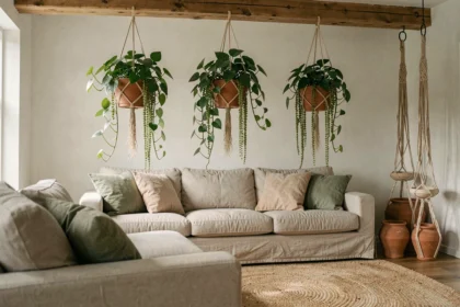 Salon moderne avec plantes suspendues en macramé au-dessus d'un canapé en lin, ambiance naturelle et chaleureuse