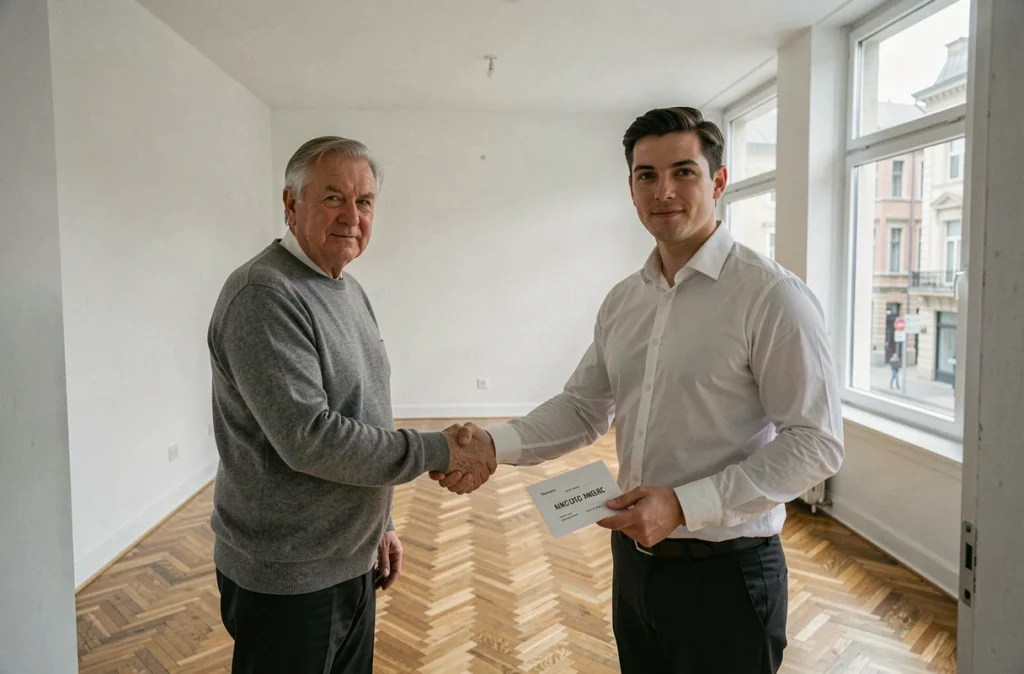 Deux hommes se serrent la main lors de la restitution des clés d'un appartement vide
