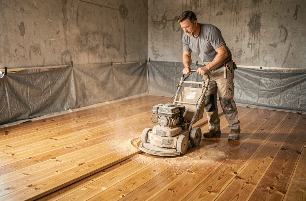 Professionnel ponçant un parquet massif en pin avec une ponceuse industrielle lors d'une rénovation