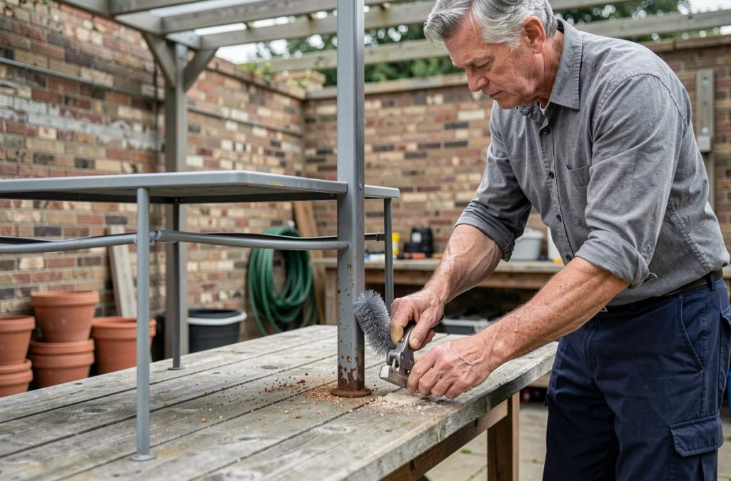 Homme ponçant la rouille d'un pied de table de jardin en métal avec de la laine d'acier sous une pergola