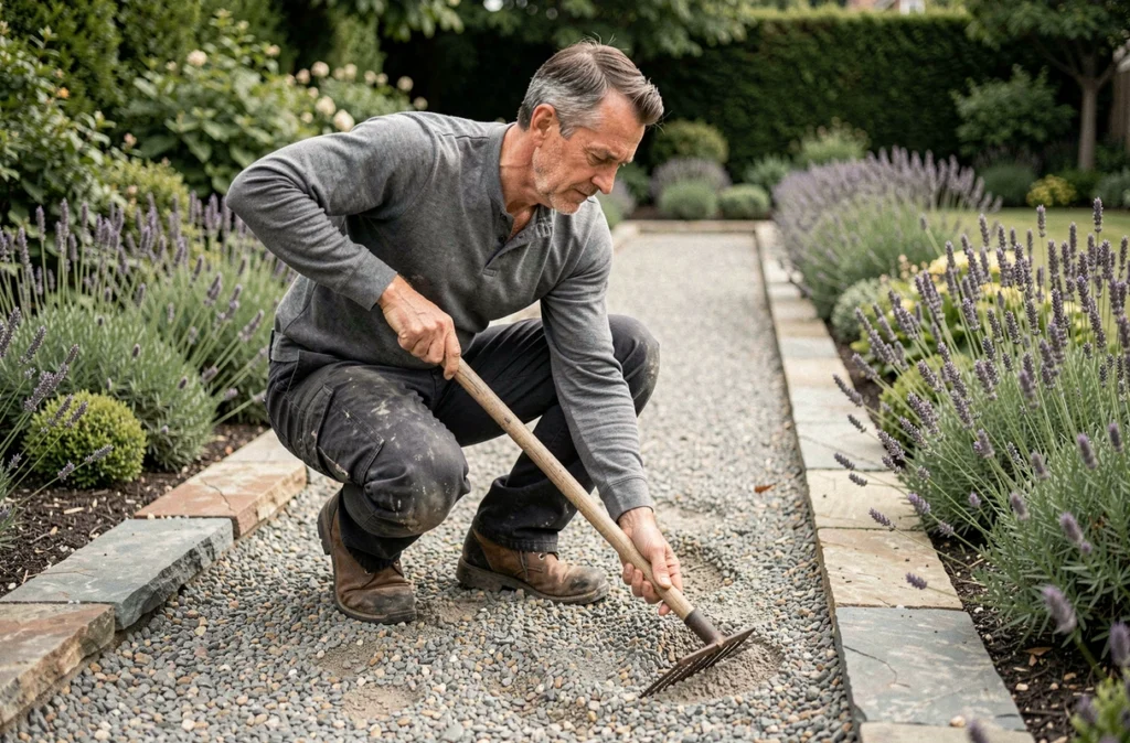 Homme aménageant une allée en gravier avec un râteau dans un jardin, pose de gravier décoratif sur chemin bordé de pierres
