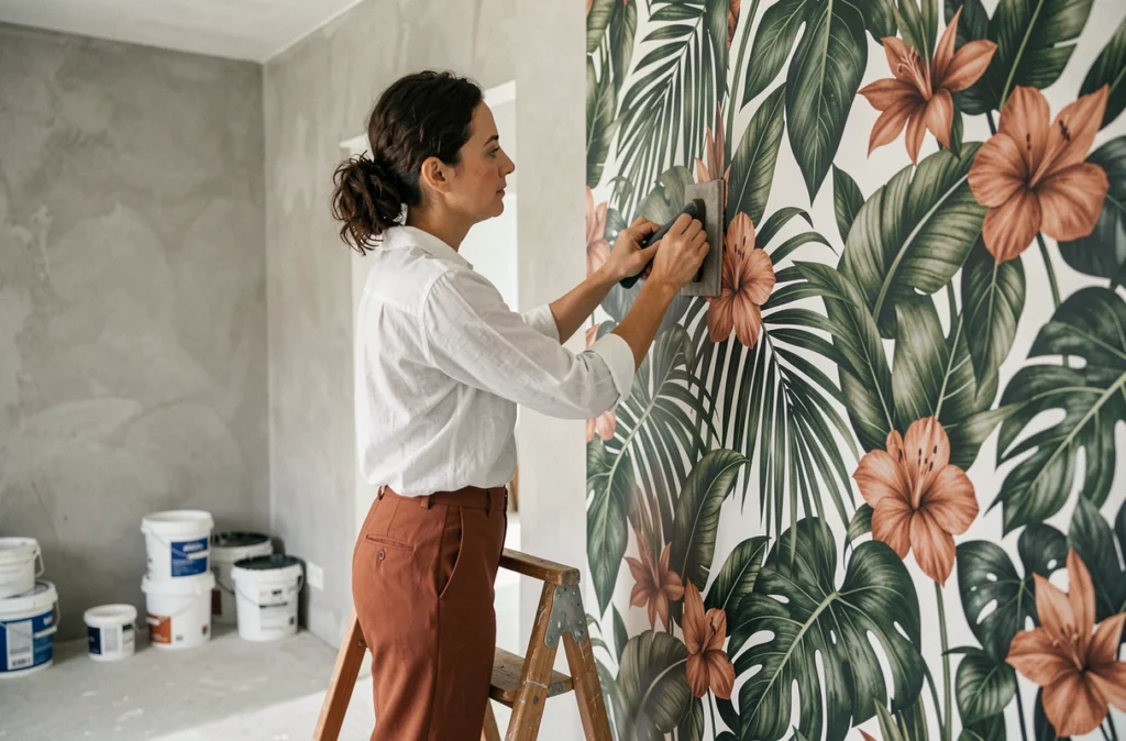 Décoratrice d'intérieur posant un papier peint panoramique tropical à motifs botaniques dans une salle à manger