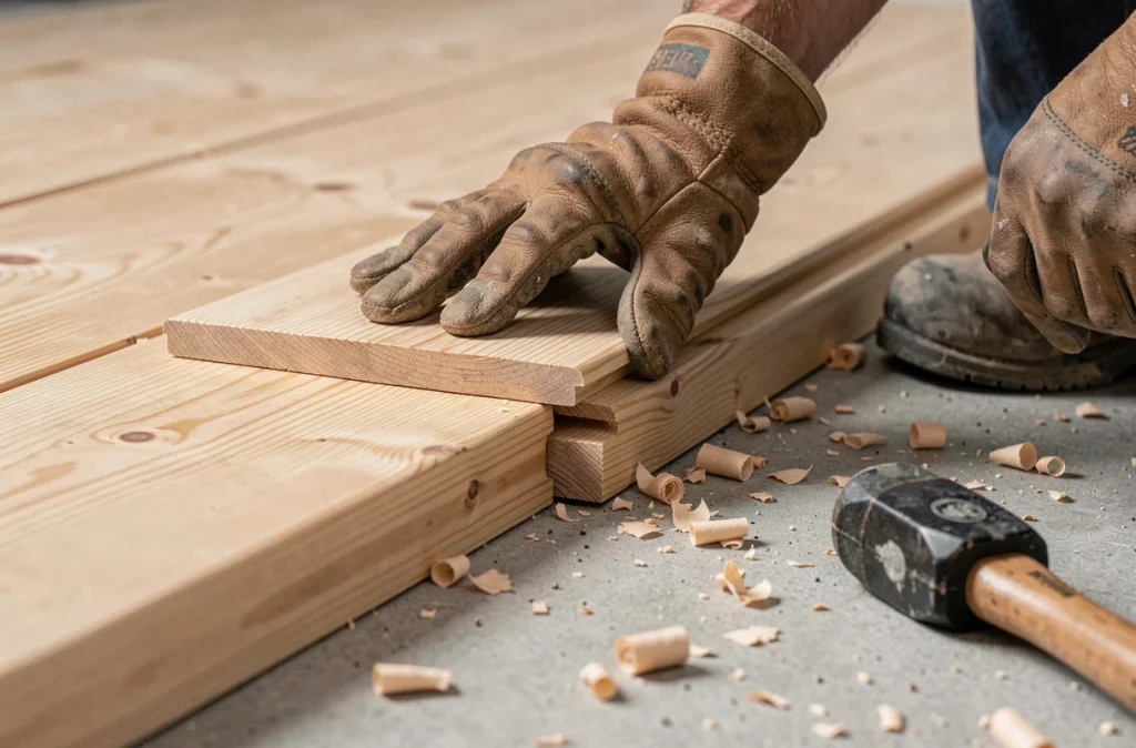 Pose de parquet massif en pin en cours, mains d'artisan assemblant des lames à rainure et languette