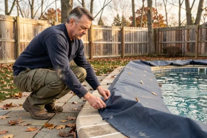 Homme préparant la bâche hivernale d'une piscine extérieure en automne dans un jardin de banlieue