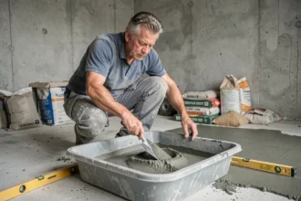 Ouvrier mélangeant une chape maigre dans un bac de chantier pour préparer un support carrelage plan