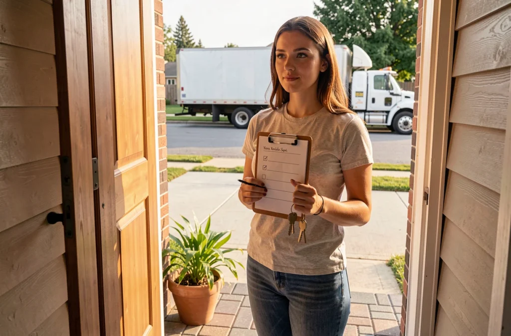 Femme tenant un trousseau de clés et une liste de préparation à l'entrée de sa nouvelle maison lors d'un déménagement