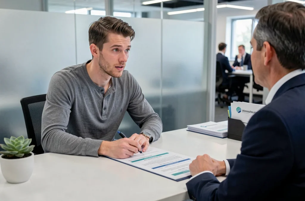 Jeune primo-accédant en rendez-vous avec un conseiller bancaire pour la simulation d'un prêt immobilier dans une agence moderne