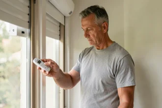 Homme appuyant sur une télécommande Somfy RTS pour programmer un volet roulant dans un salon moderne
