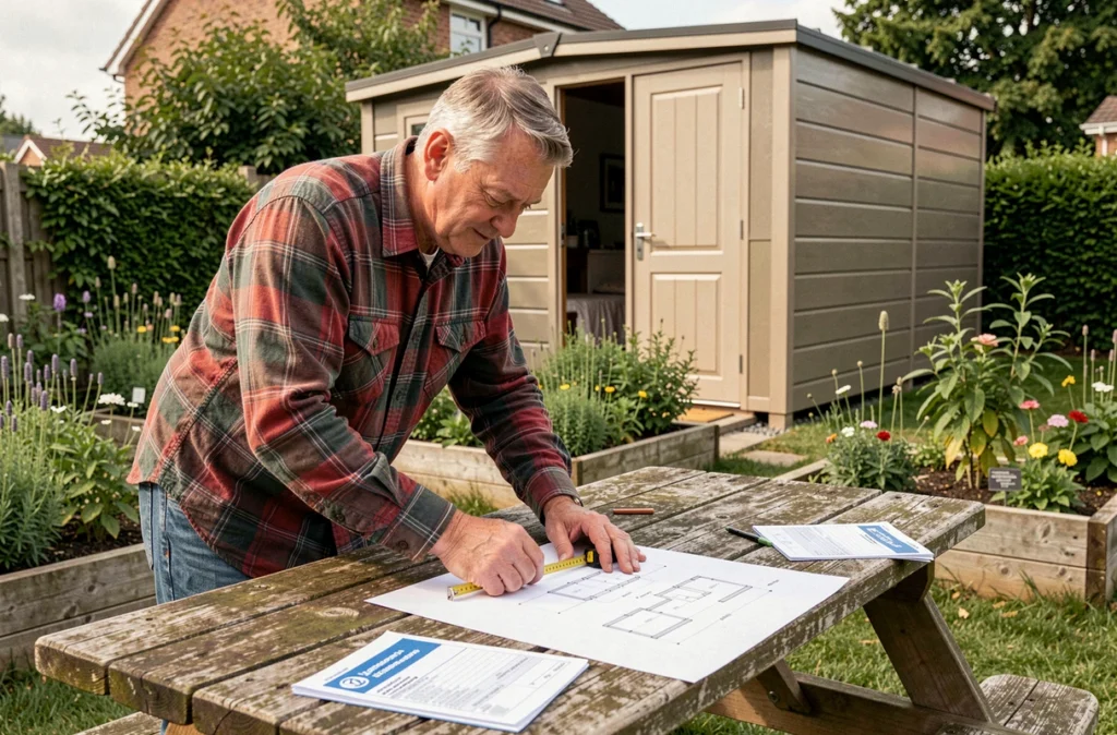 Propriétaire consultant les règles d'urbanisme pour installer un abri de jardin sans permis