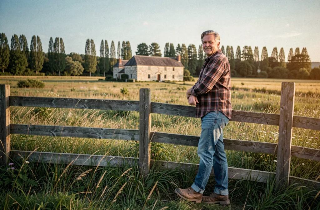 Homme contemplant un vaste terrain rural avec une maison en pierre typique du sud de la France au milieu des champs