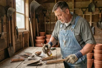 Homme appliquant une huile anti-rouille sur des outils de jardinage dans un abri de jardin en bois