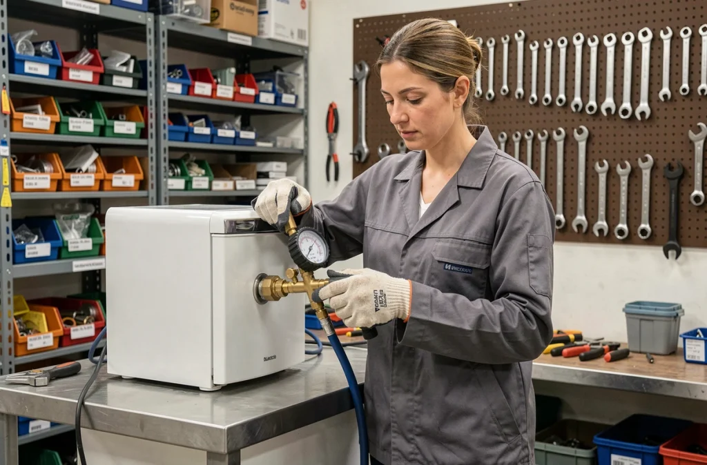 Technicienne rechargeant le gaz frigorigène d'un réfrigérateur dans un atelier de réparation électroménager avec un manomètre de charge réfrigérant professionnel