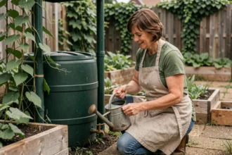 Femme installant un récupérateur d'eau de pluie dans son jardin potager pour arroser ses légumes