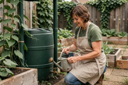 Femme installant un récupérateur d'eau de pluie dans son jardin potager pour arroser ses légumes