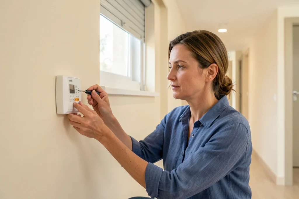 Femme réglant le moteur Somfy RTS fixé au mur pour configurer les fins de course d'un volet roulant