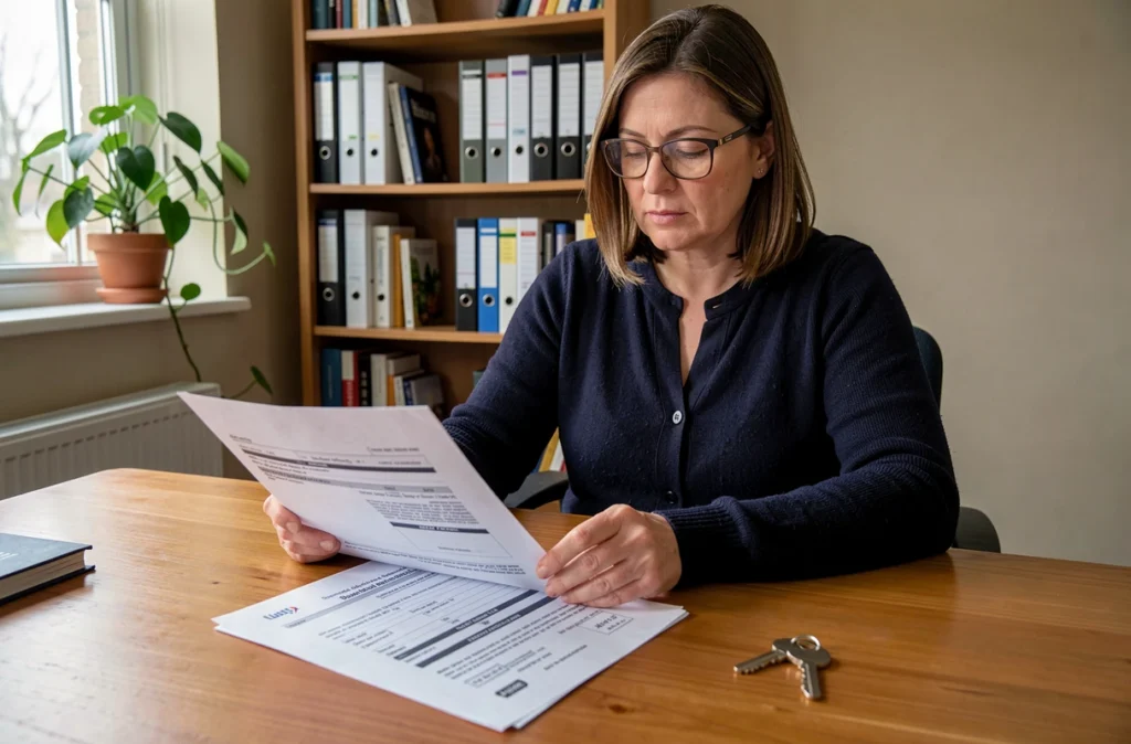 Une femme examine un document de location avec une clé posée sur le bureau, symbolisant la restitution d'un logement