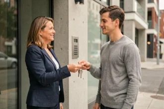 Propriétaire remettant un double de clés à un locataire à l'entrée d'un immeuble moderne