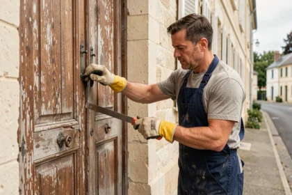 Artisan retirant une vieille porte d'entrée en bois abîmée d'une maison de banlieue française, étape de démontage