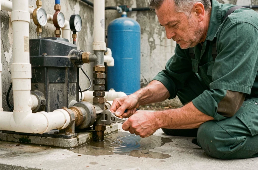 Technicien réparant une fuite sur le système de filtration d'une piscine extérieure