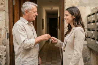 Un ancien occupant remet les clés d'un appartement à une femme dans l'entrée d'un immeuble résidentiel