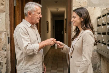 Un ancien occupant remet les clés d'un appartement à une femme dans l'entrée d'un immeuble résidentiel
