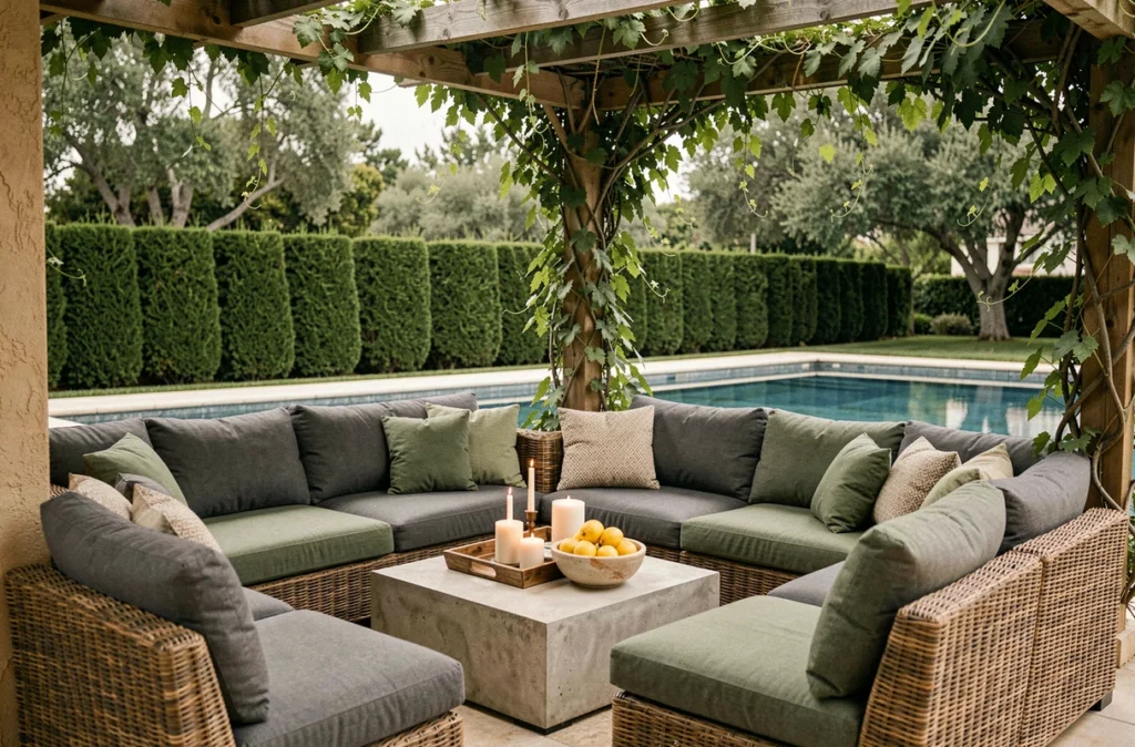 Salon de jardin en rotin avec canapé et table basse béton aménagé sous une pergola au bord d'une piscine