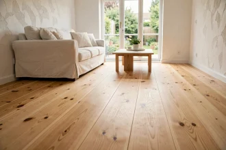 Salon moderne avec parquet massif en pin naturel aux teintes miel et nœuds apparents, style scandinave épuré