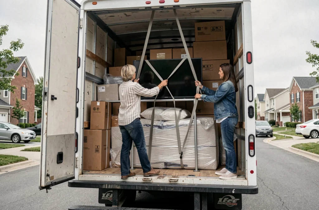 Deux femmes fixant un téléviseur avec des sangles dans le chargement d'un camion de déménagement devant une maison