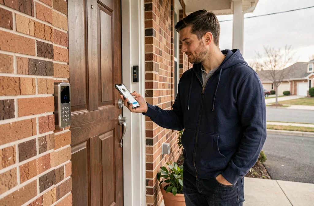 Homme contrôlant un verrou intelligent connecté via smartphone devant une porte d'entrée résidentielle