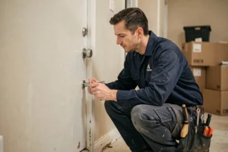 Serrurier en uniforme examinant une serrure de porte d'appartement le jour du déménagement