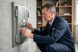 Serrurier professionnel inspectant un coffre fort scellé dans un mur en béton avant perçage