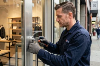 Serrurier professionnel installant une serrure haute sécurité sur une porte vitrée de commerce