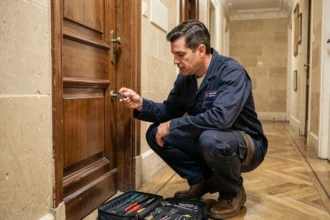 Serrurier professionnel en intervention d'urgence devant une porte d'appartement parisienne, inspection d'une serrure à cylindre dans un couloir classique